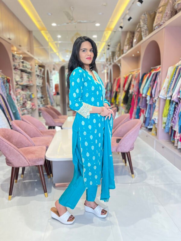 Turquoise Blue Mirror Work Cotton Kurta Set