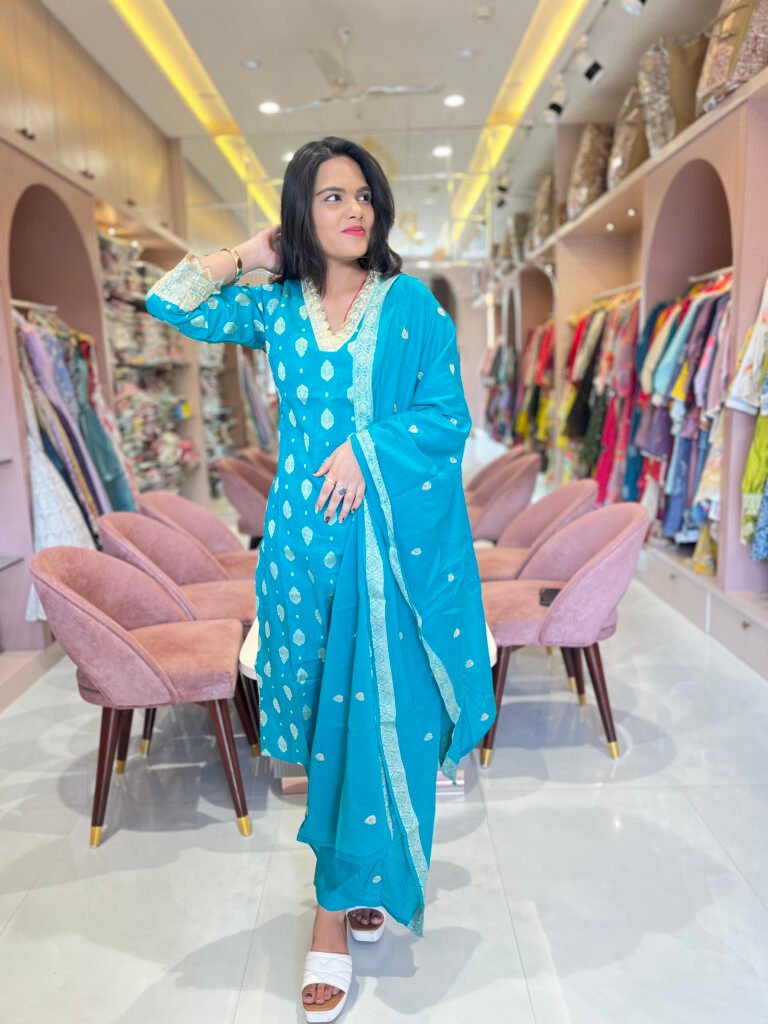 Turquoise Blue Mirror Work Cotton Kurta Set