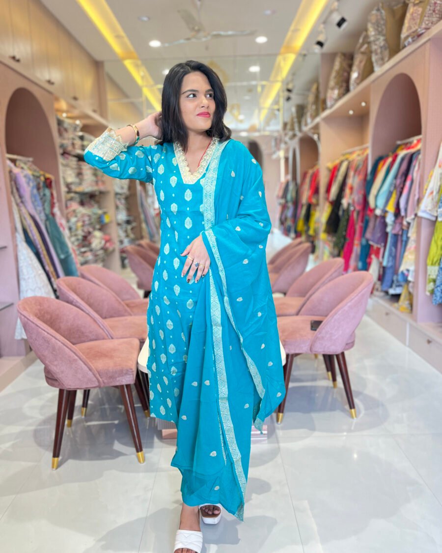 Turquoise Blue Mirror Work Cotton Kurta Set