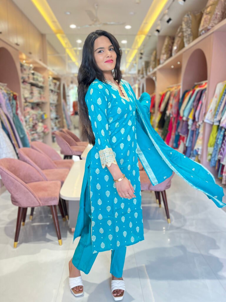 Turquoise Blue Mirror Work Cotton Kurta Set