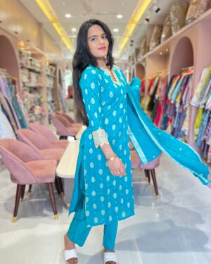 Turquoise Blue Mirror Work Cotton Kurta Set