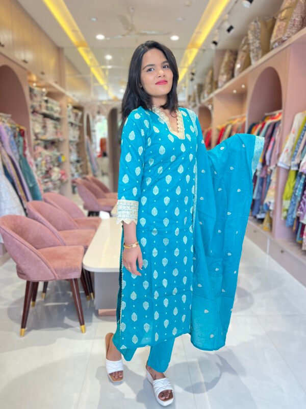 Turquoise Blue Mirror Work Cotton Kurta Set