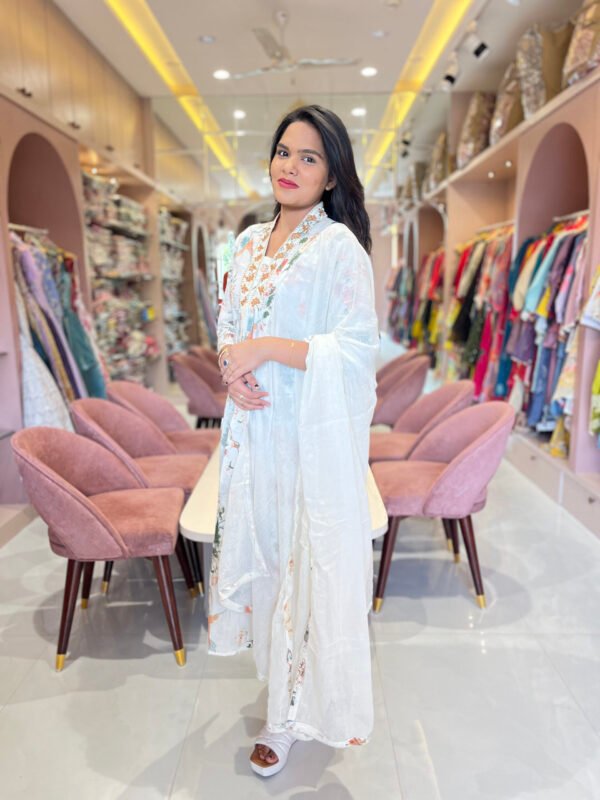 Elegant White Floral Cotton Anarkali Set