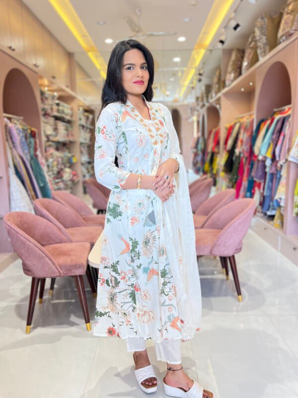 Elegant White Floral Cotton Anarkali Set