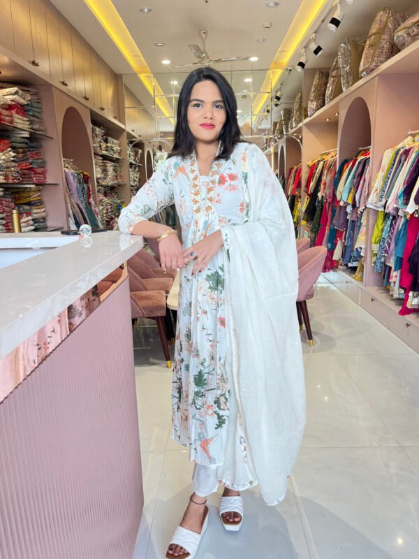 Elegant White Floral Cotton Anarkali Set