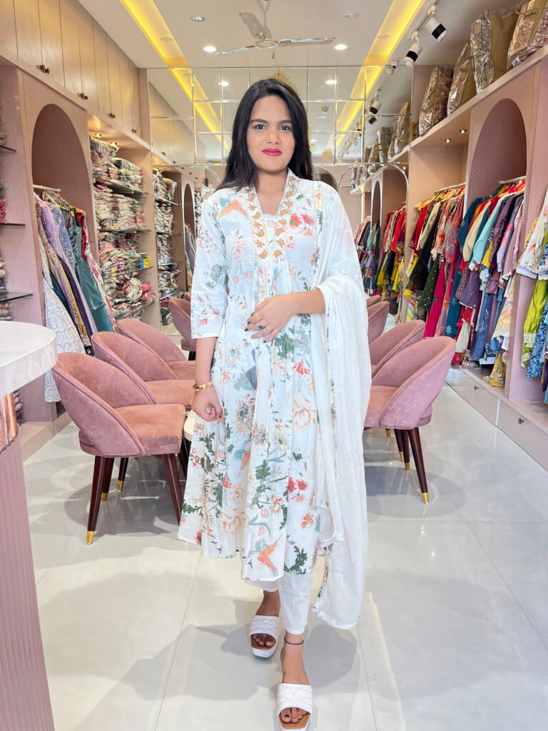 Elegant White Floral Cotton Anarkali Set