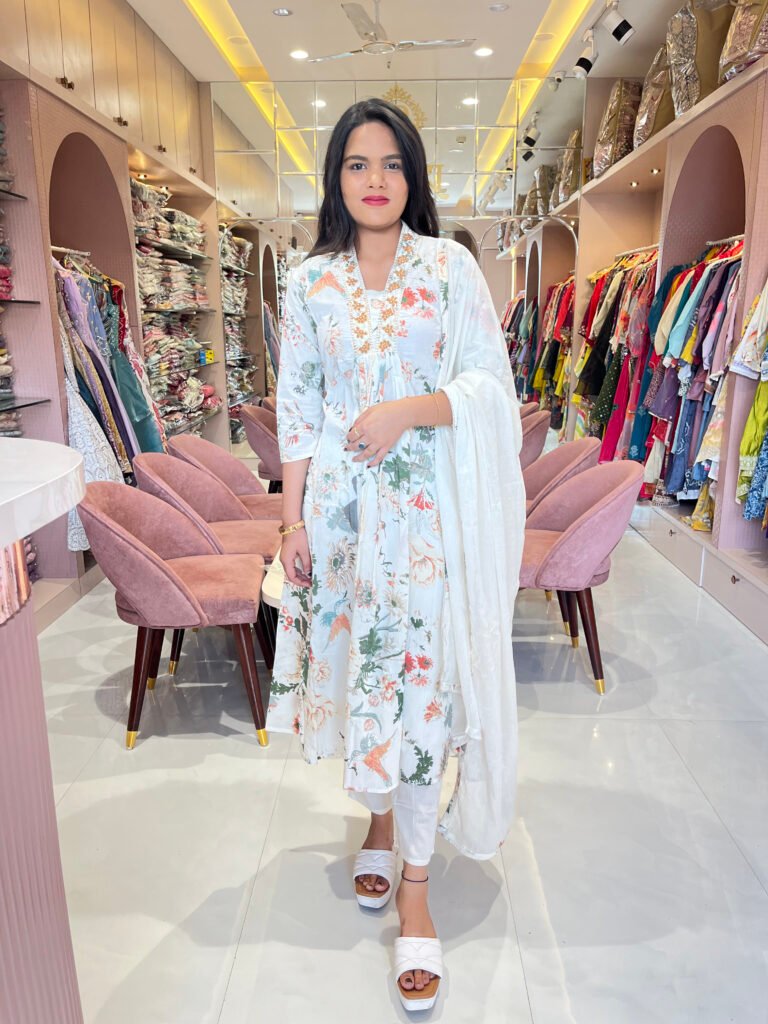 Elegant White Floral Cotton Anarkali Set