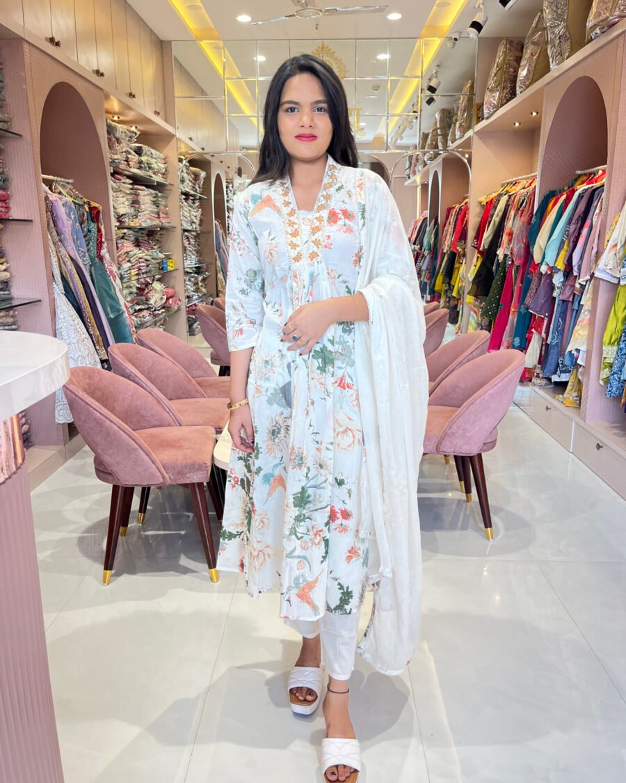 Elegant White Floral Cotton Anarkali Set