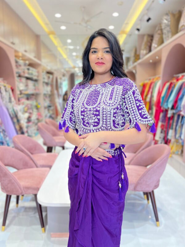 Dhoti Skirt with Plates and Embroiderd Crop Top with Shrug
