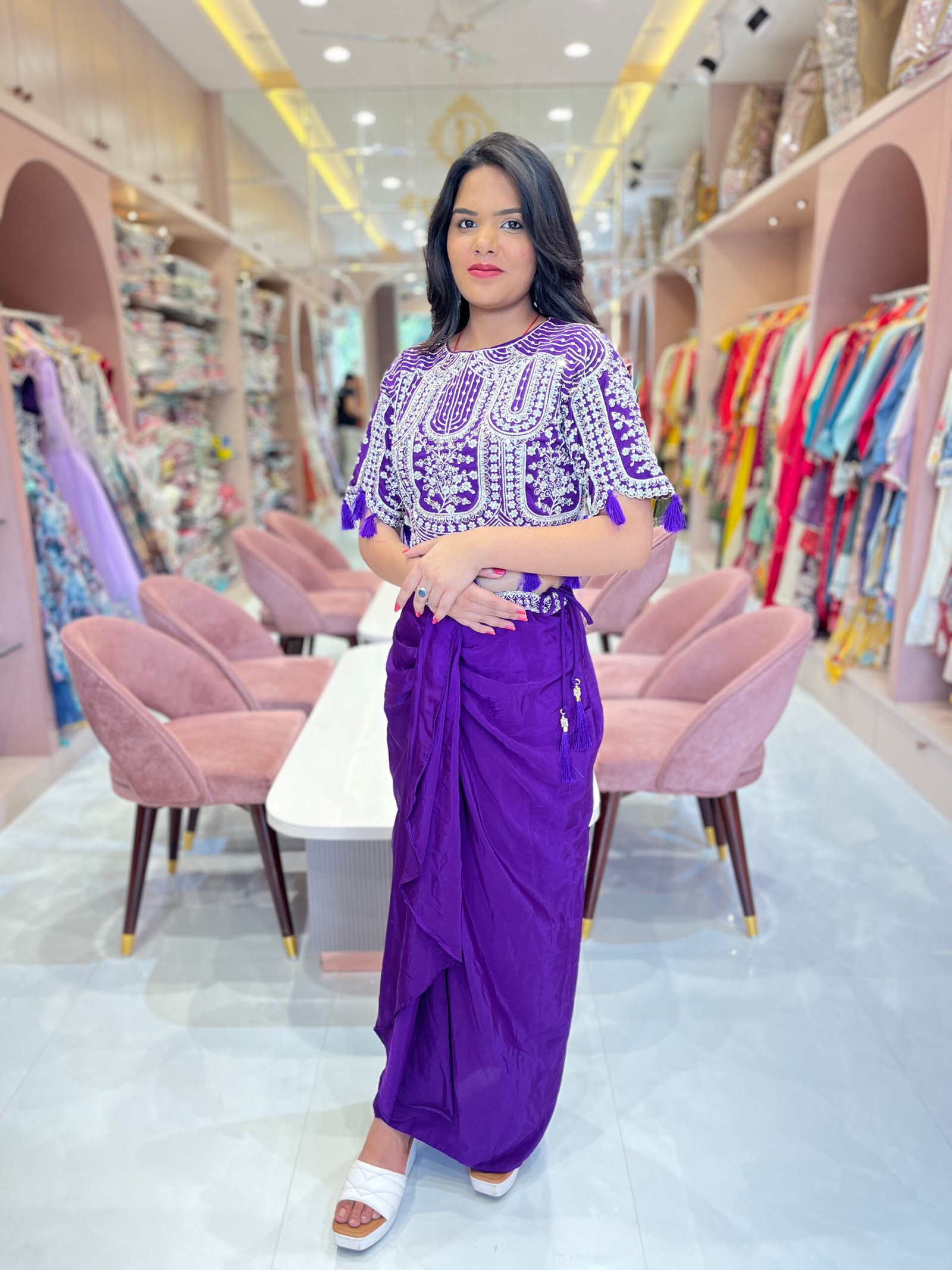 Dhoti Skirt with Plates and Embroiderd Crop Top with Shrug