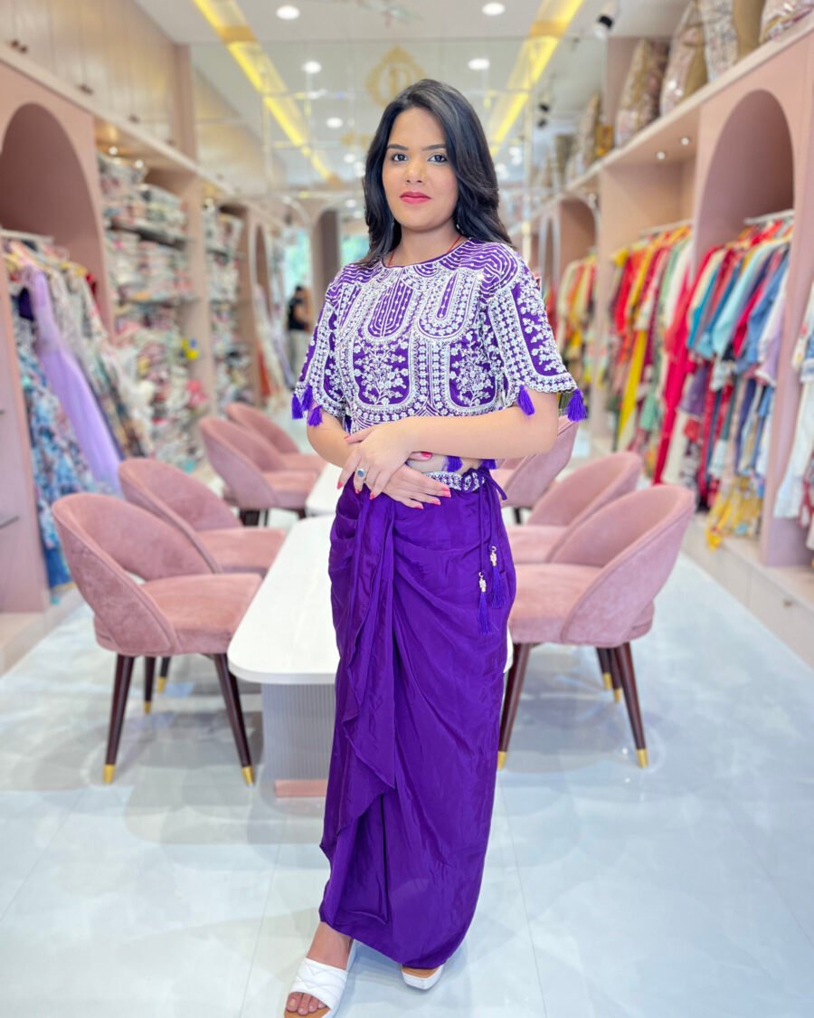 Dhoti Skirt with Plates and Embroiderd Crop Top with Shrug