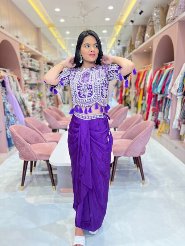 Dhoti Skirt with Plates and Embroiderd Crop Top with Shrug