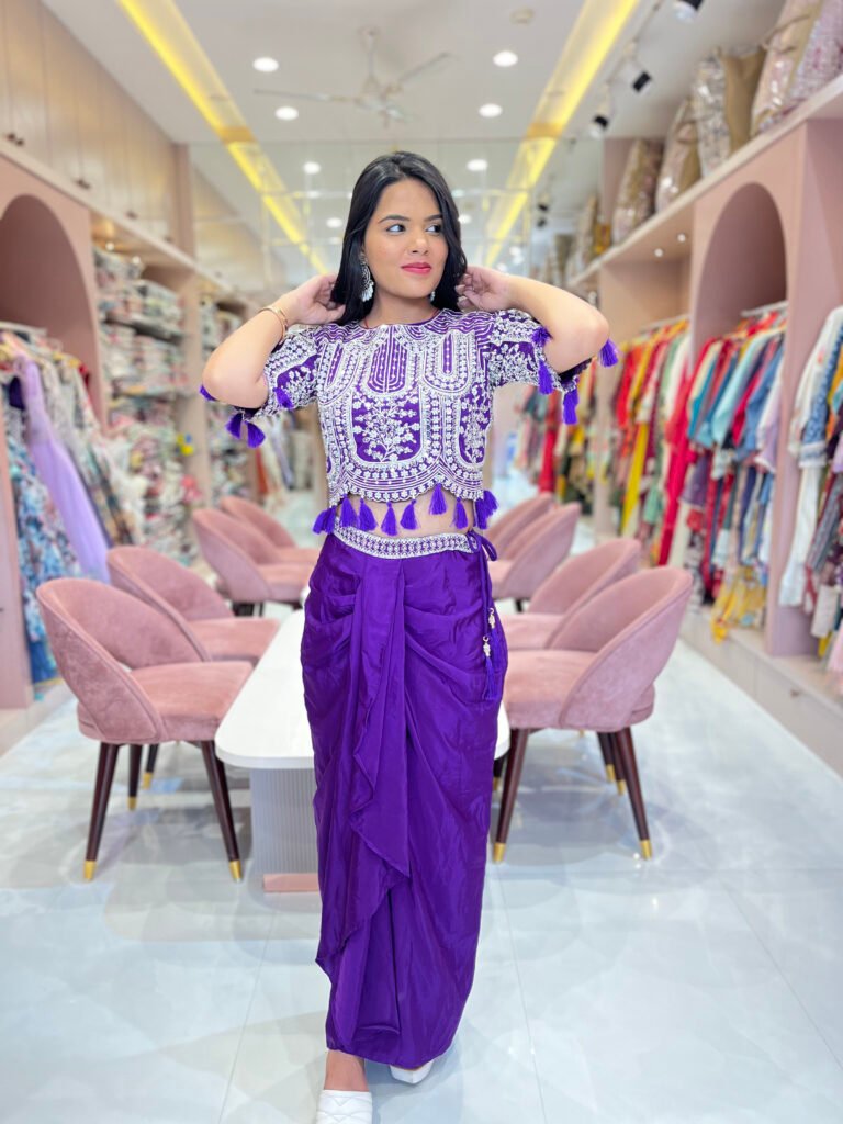 Dhoti Skirt with Plates and Embroiderd Crop Top with Shrug