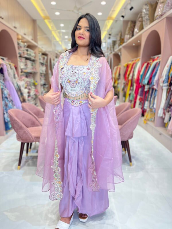 Dhoti Skirt with Plates and Embroiderd Crop Top with Shrug