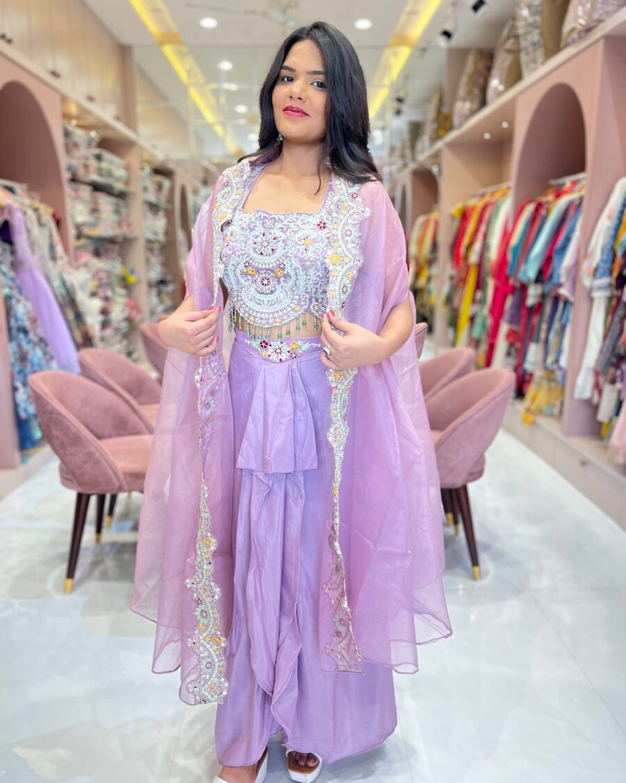 Dhoti Skirt with Plates and Embroiderd Crop Top with Shrug