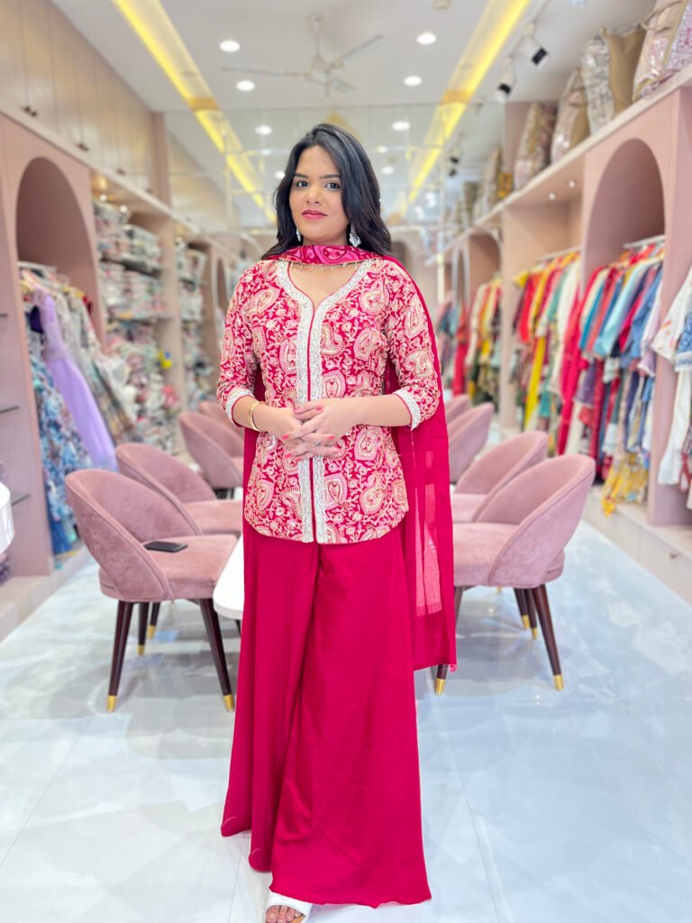 Red Plazo With Embroidered Paplon Top and Dupatta