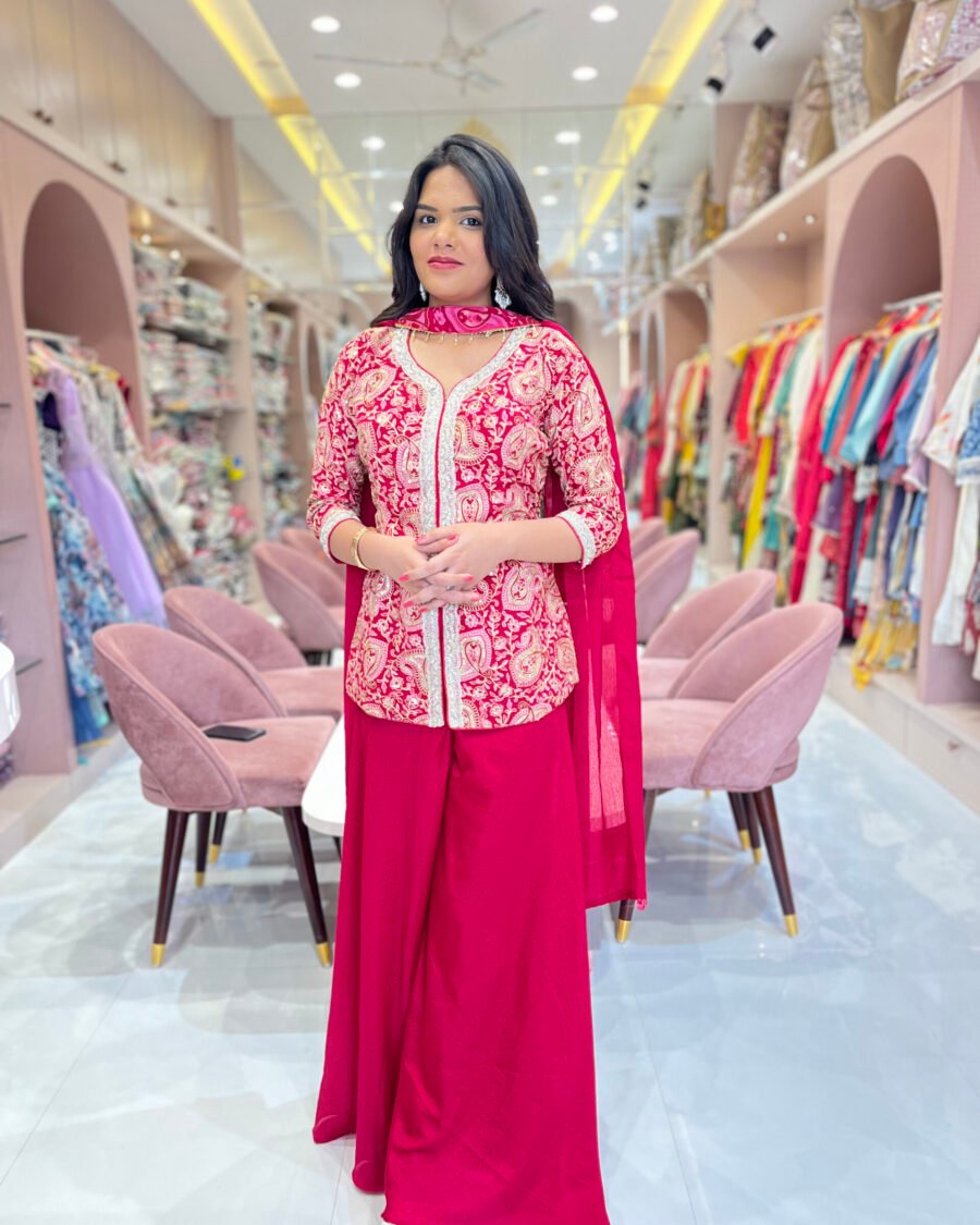 Red Plazo With Embroidered Paplon Top and Dupatta