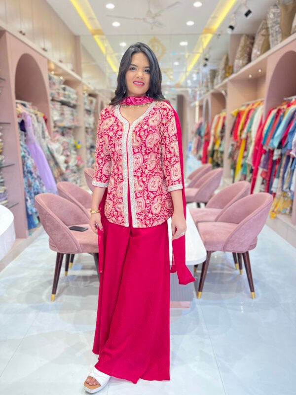 Red Plazo With Embroidered Paplon Top and Dupatta