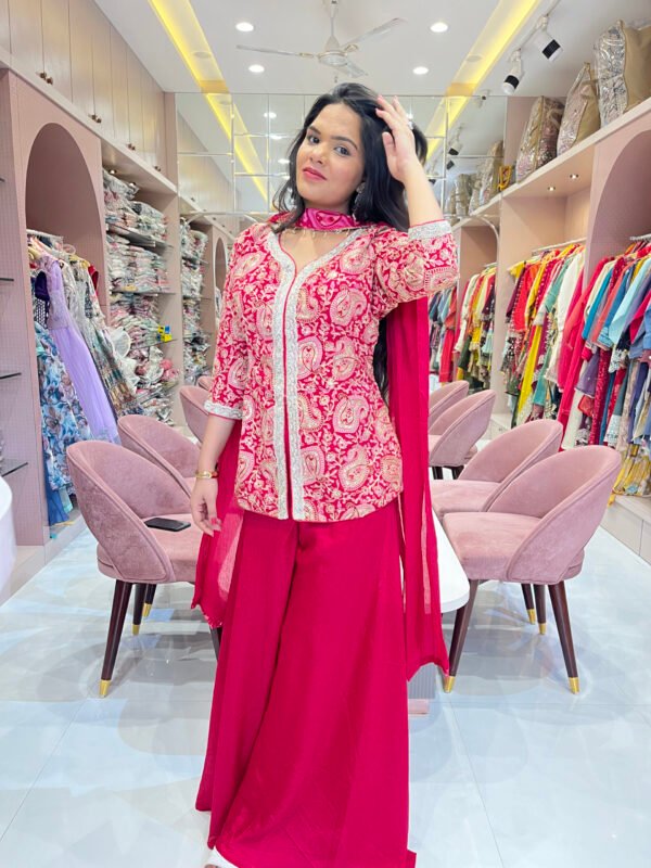 Red Plazo With Embroidered Paplon Top and Dupatta