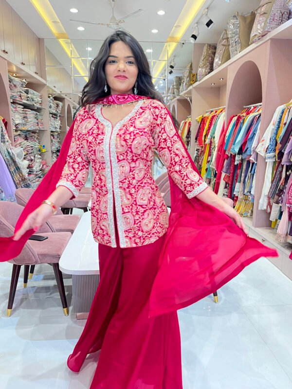 Red Plazo With Embroidered Paplon Top and Dupatta
