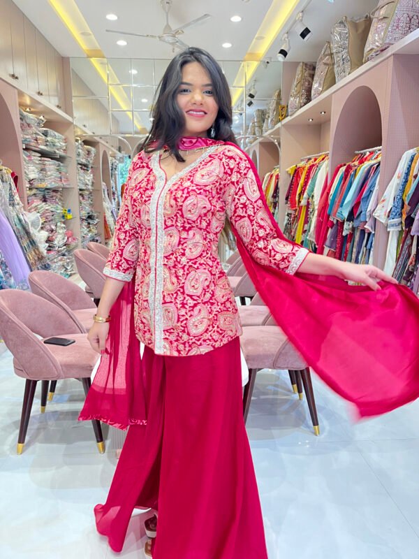Red Plazo With Embroidered Paplon Top and Dupatta
