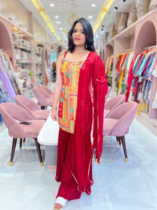 Red Sharara Set With Multicolor Patch Work Short Kurti and Dupatta