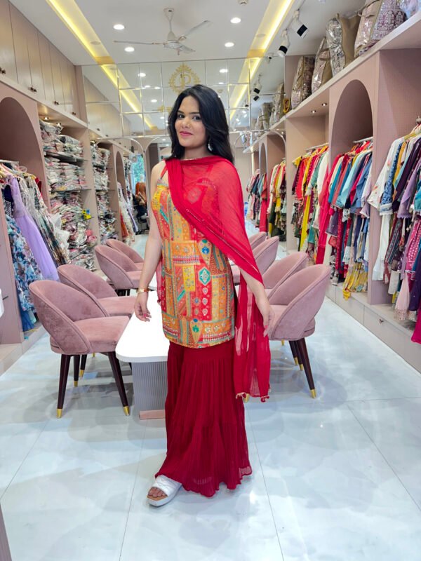 Red Sharara Set With Multicolor Patch Work Short Kurti and Dupatta
