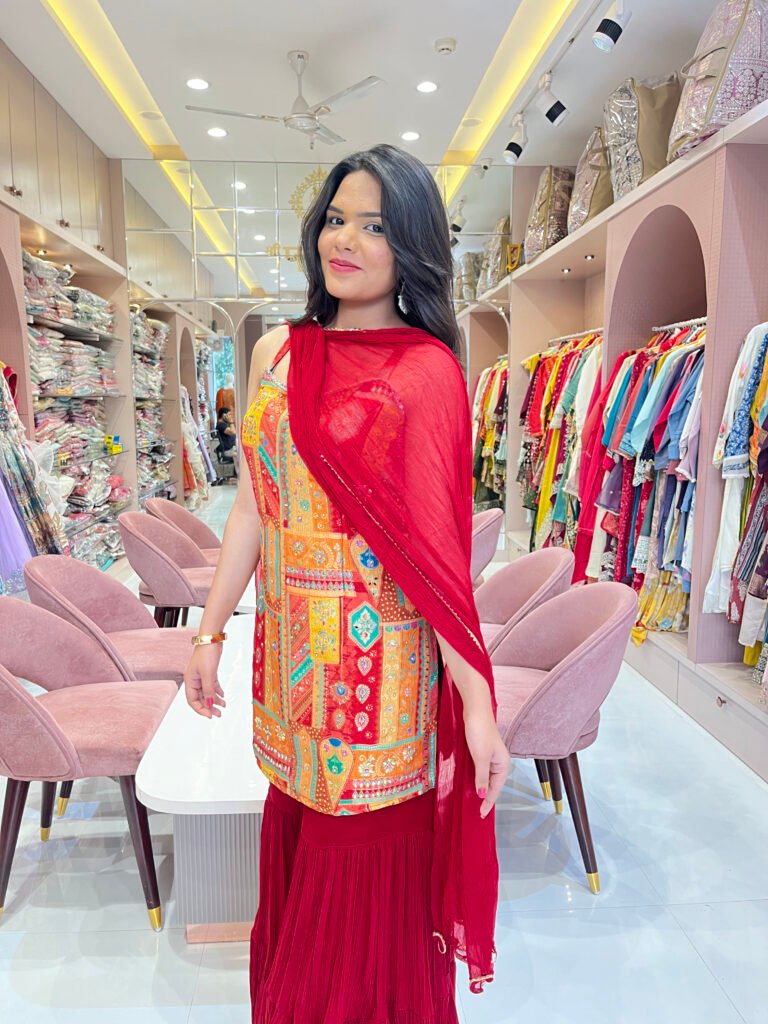 Red Sharara Set With Multicolor Patch Work Short Kurti and Dupatta