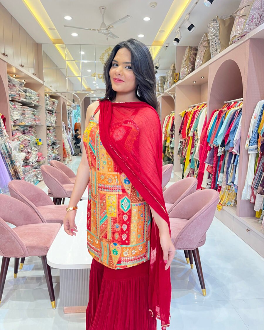 Red Sharara Set With Multicolor Patch Work Short Kurti and Dupatta