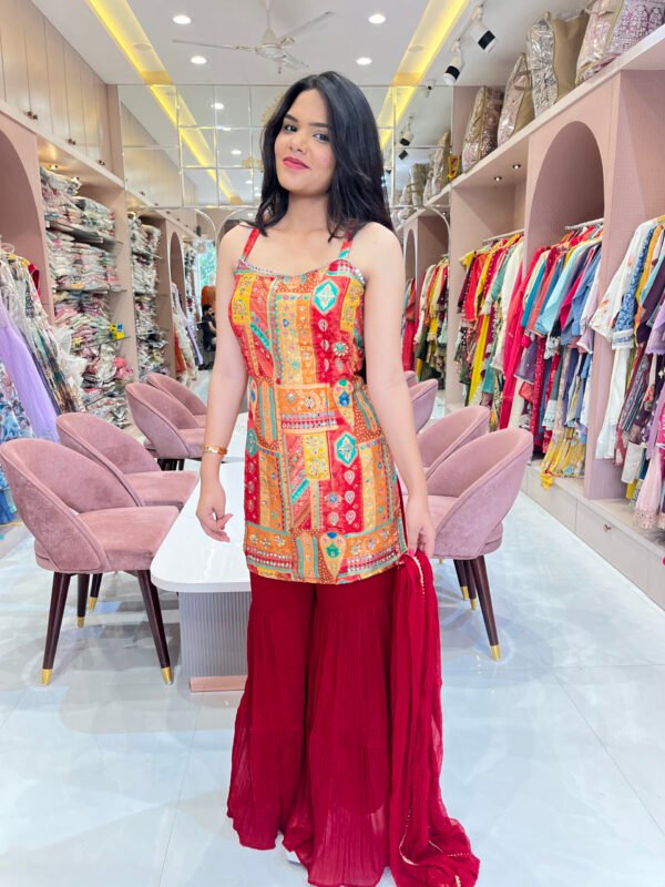 Red Sharara Set With Multicolor Patch Work Short Kurti and Dupatta