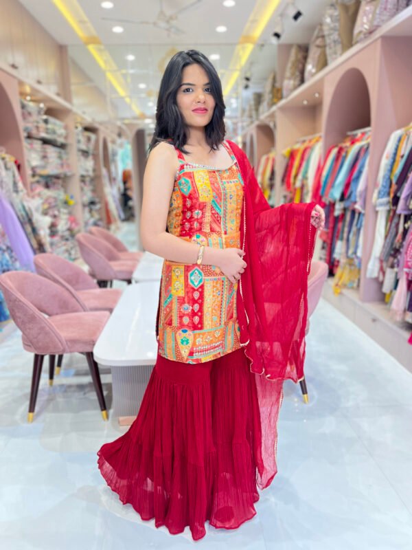 Red Sharara Set With Multicolor Patch Work Short Kurti and Dupatta