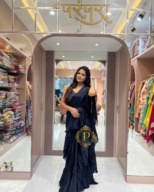 Navy blue Frill Embellished Saree with stitched hand work Blouse and belt