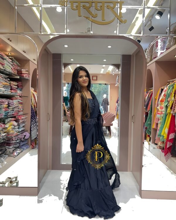 Navy blue Frill Embellished Saree with stitched hand work Blouse and belt