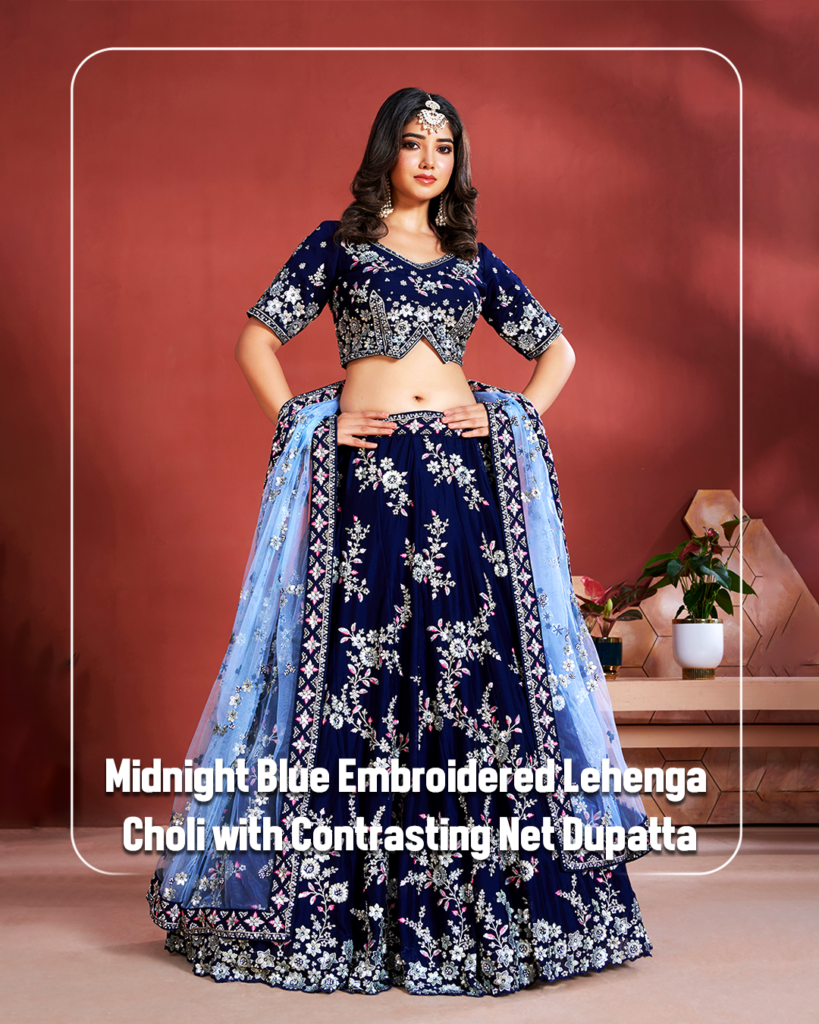 Midnight-Blue-Embroidered-Lehenga-Choli-with-Contrasting-Net-Dupatta