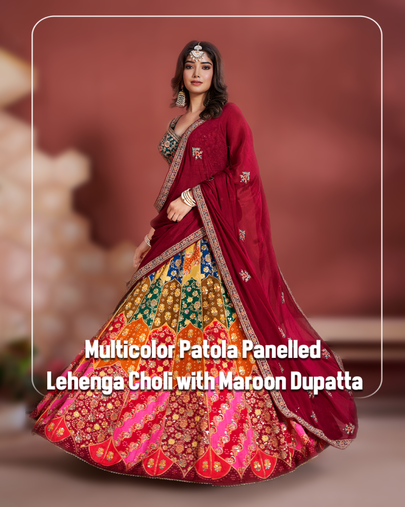 Multicolor-Patola-Panelled-Lehenga-Choli-with-Maroon-Dupatta