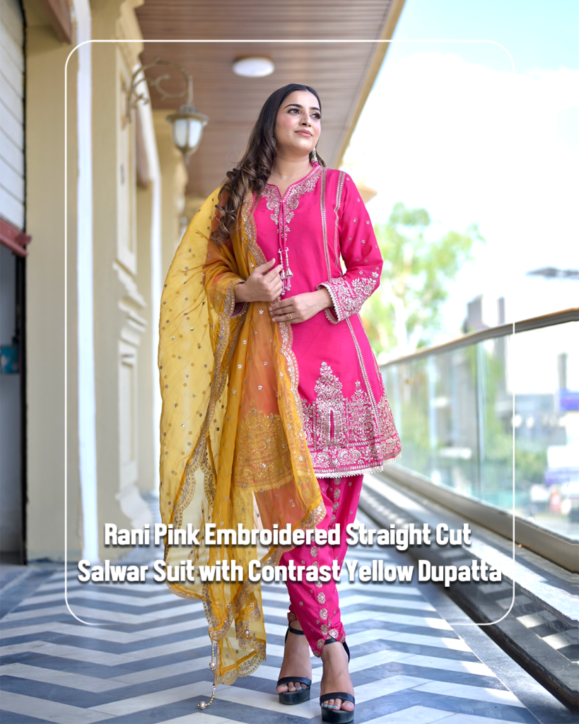 Rani-Pink-Embroidered-Straight-Cut-Salwar-Suit-with-Contrast-Yellow-Dupatta