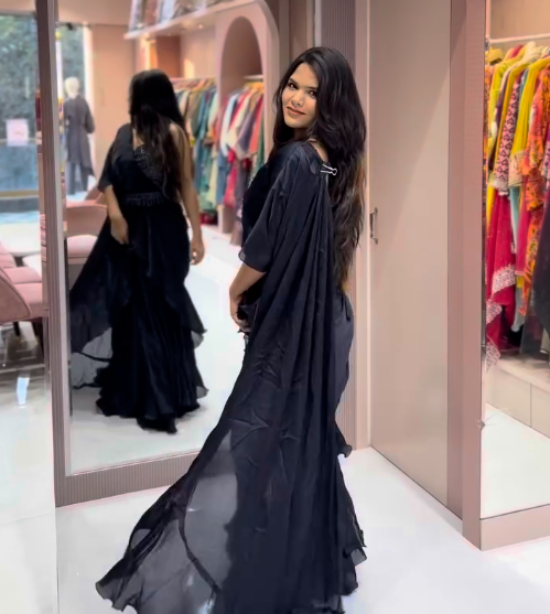 Navy blue Frill Embellished Saree with stitched hand work Blouse and belt