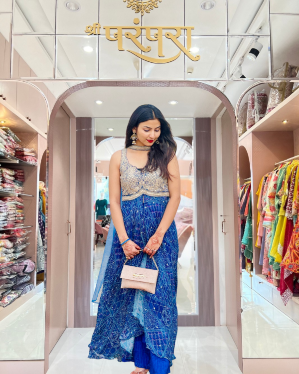 Front Cut Flared Anarkali Kurti with Ruffle Palazzo and Choker Dupatta - Image 4
