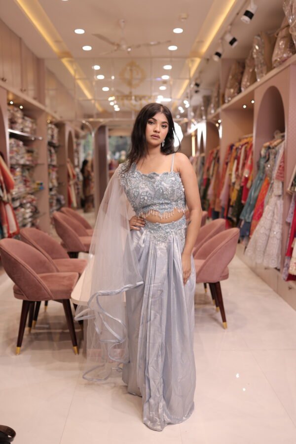 Crop Top with Hand Work and Flared Attached Dupatta, Skirt with Front Plates and Hand Work on Waist