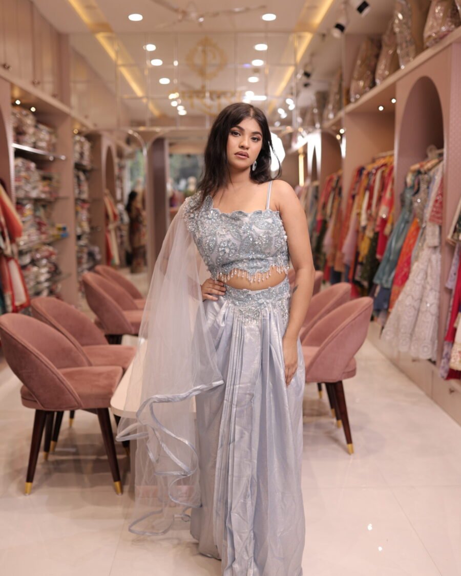 Crop Top with Hand Work and Flared Attached Dupatta, Skirt with Front Plates and Hand Work on Waist