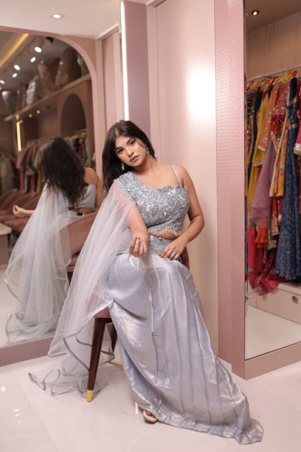 Crop Top with Hand Work and Flared Attached Dupatta, Skirt with Front Plates and Hand Work on Waist - Image 5