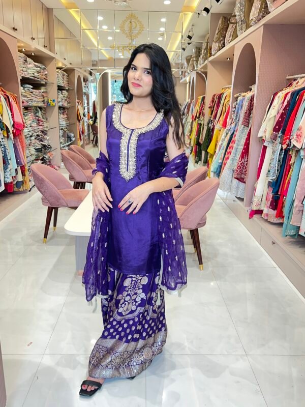 Banarasi Palazzo Set, Short Kurti with Hand Work and Tissue Dupatta - Image 4