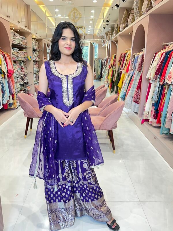 Banarasi Palazzo Set, Short Kurti with Hand Work and Tissue Dupatta