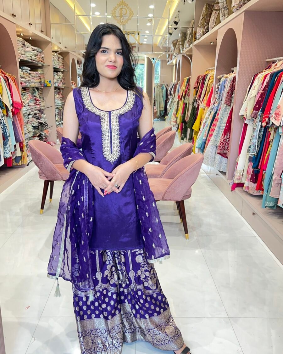 Banarasi Palazzo Set, Short Kurti with Hand Work and Tissue Dupatta