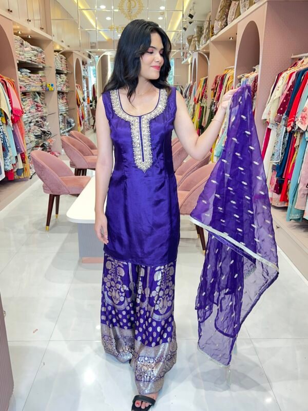 Banarasi Palazzo Set, Short Kurti with Hand Work and Tissue Dupatta - Image 2