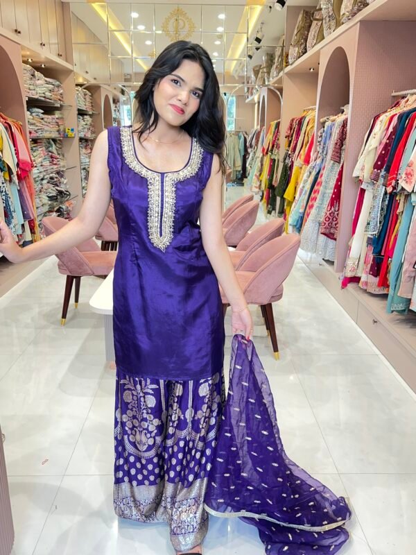 Banarasi Palazzo Set, Short Kurti with Hand Work and Tissue Dupatta - Image 3