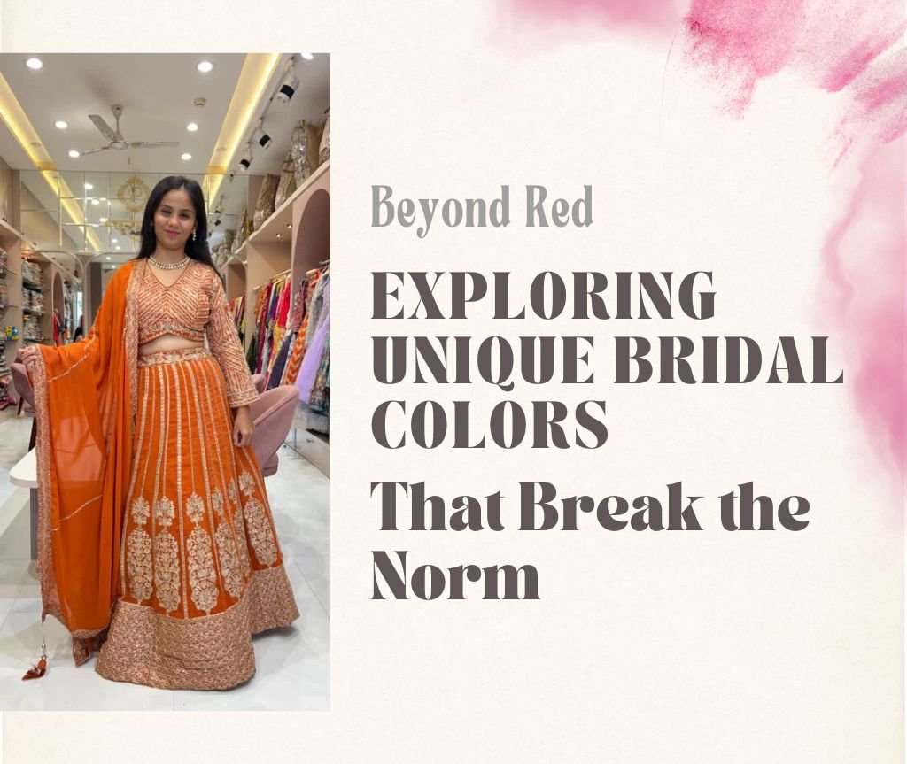 A woman wearing an orange embellished bridal lehenga inside a boutique, showcasing a modern take on unique bridal colors.