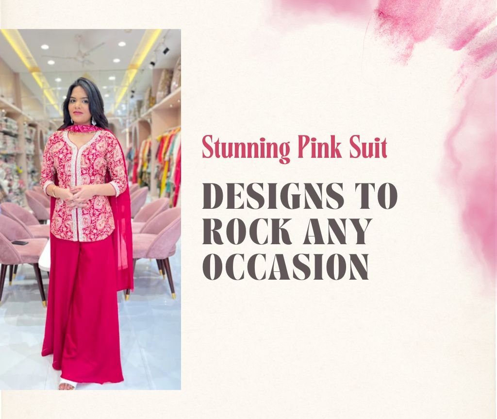 Woman wearing a stunning pink embroidered suit standing in a boutique showroom.