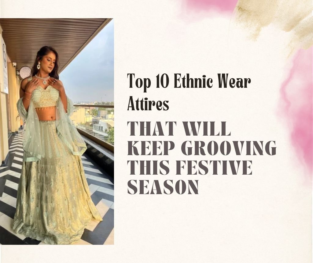 Woman wearing an embellished pastel lehenga standing on a balcony during the festive season.