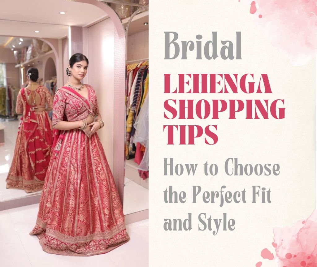 Woman wearing a traditional red embroidered bridal lehenga inside a boutique showroom.